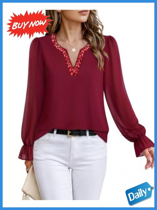 Tops - Timeson Womens Sequin V Neck Chiffon Blouse Long Sleeve Work Top